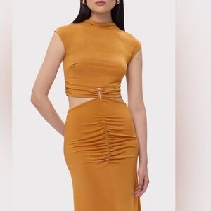 Herve Leger Gabrielle Mustard Cutout Ruched Long Sleeve Bodycon Dress